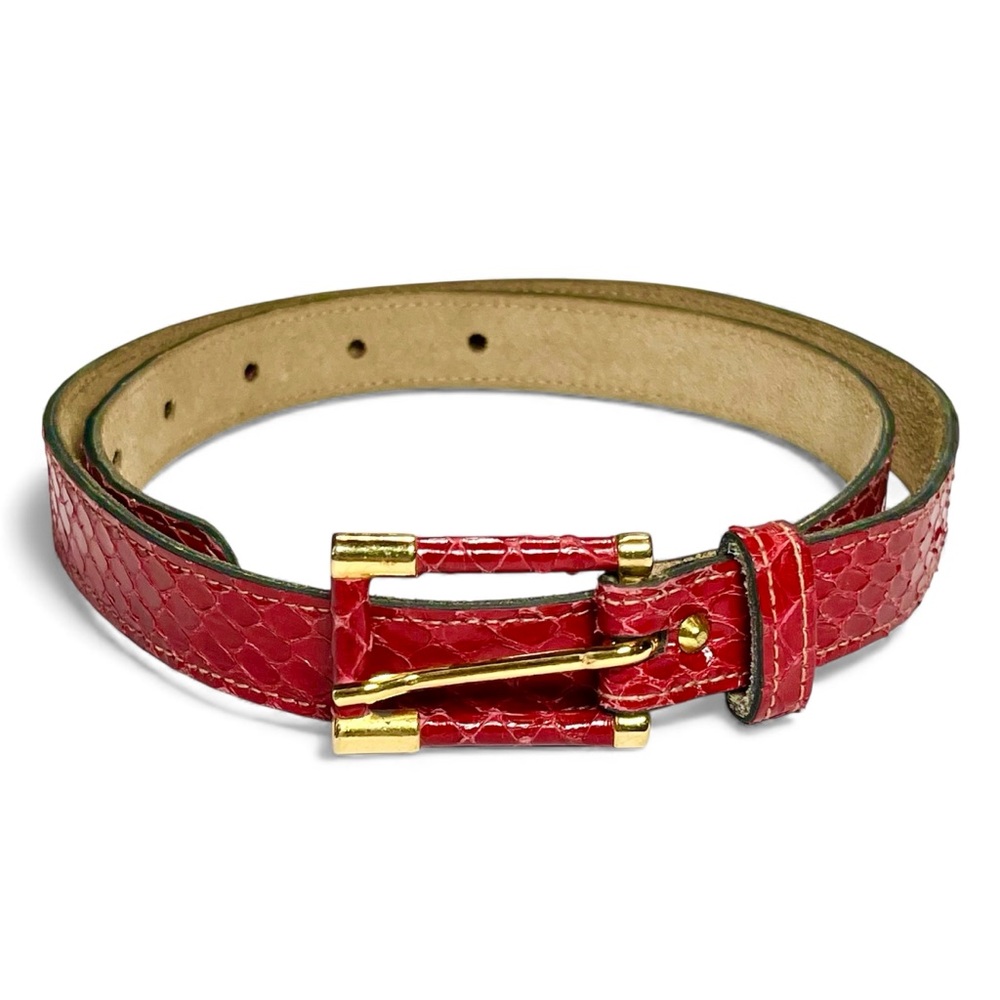 Vintage Anne Klein for Calderon Red Snakeskin Leather Skinny Belt Gold Buckle S